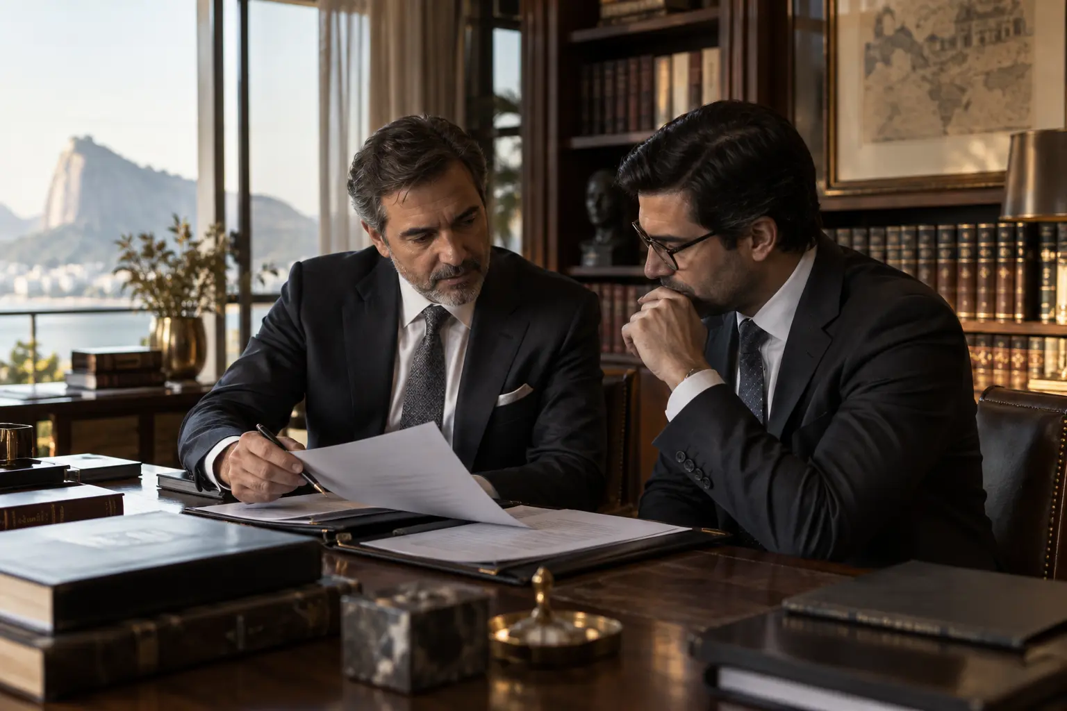Advogados analisando documentos em uma biblioteca corporativa