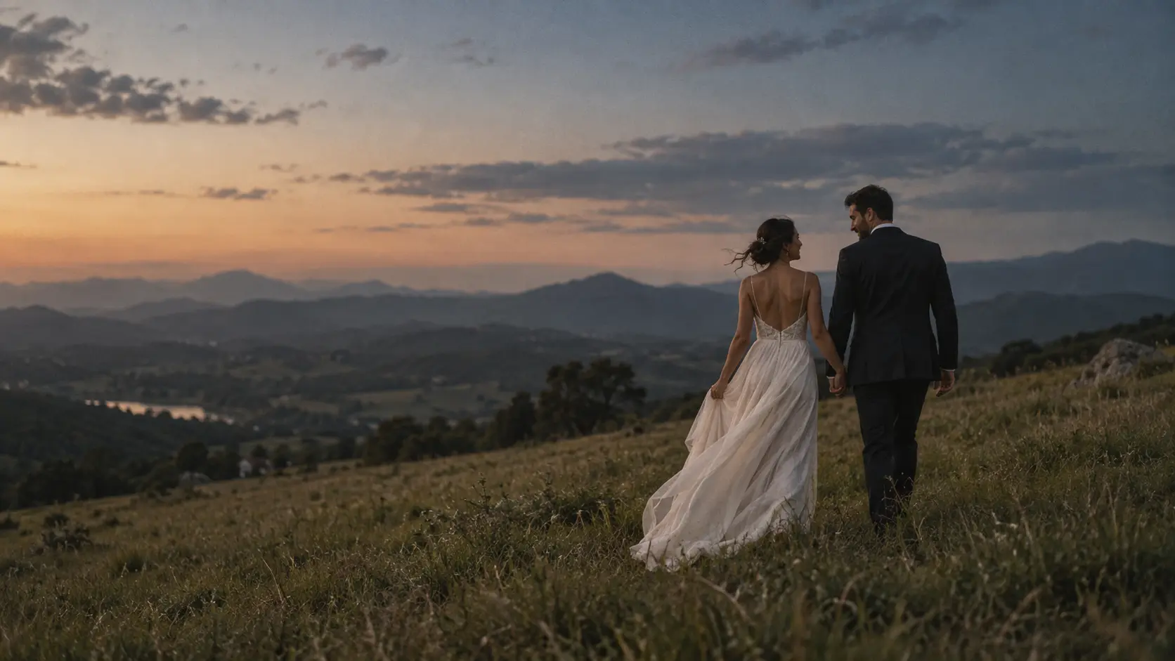 Casal recém-casado caminhando em uma colina ao entardecer