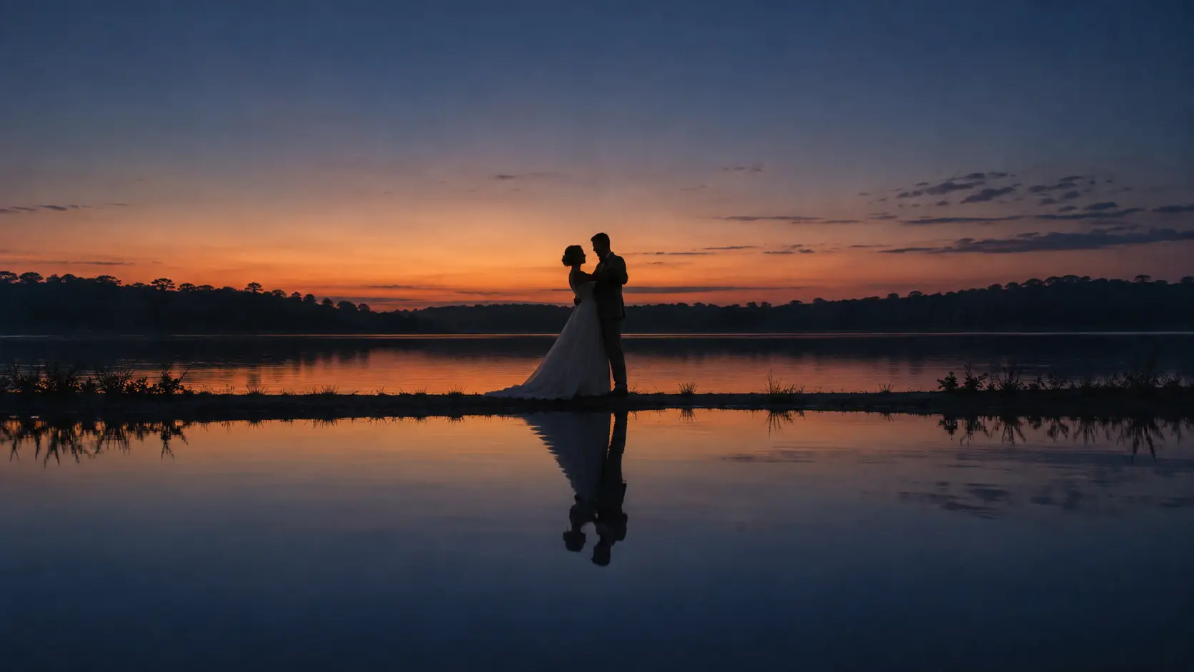 Casal dançando à beira de um lago ao entardecer