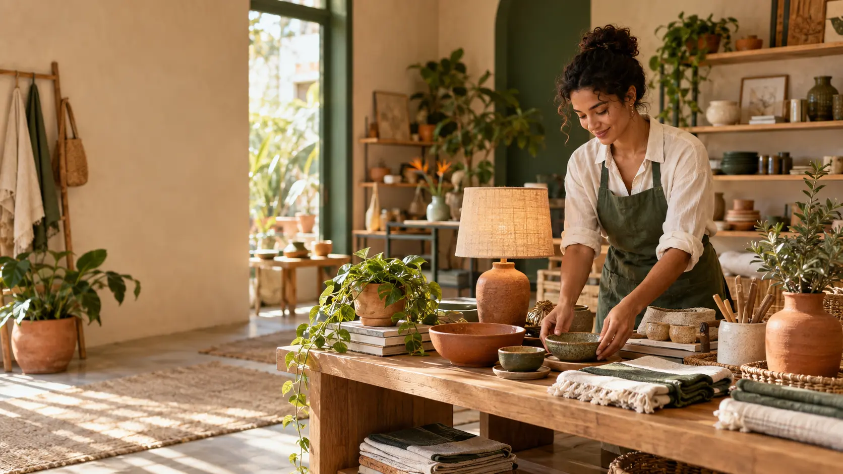 Loja acolhedora de decoração e presentes com cerâmicas e plantas
