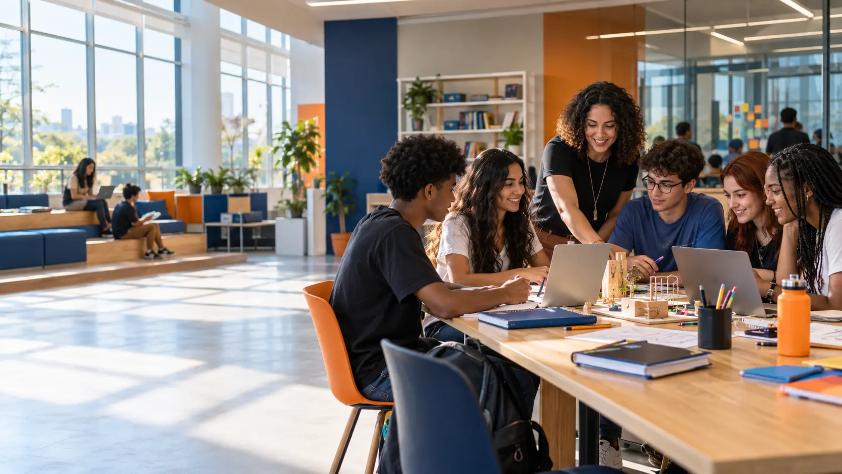 Estudantes em um ambiente de aprendizagem moderno e colaborativo