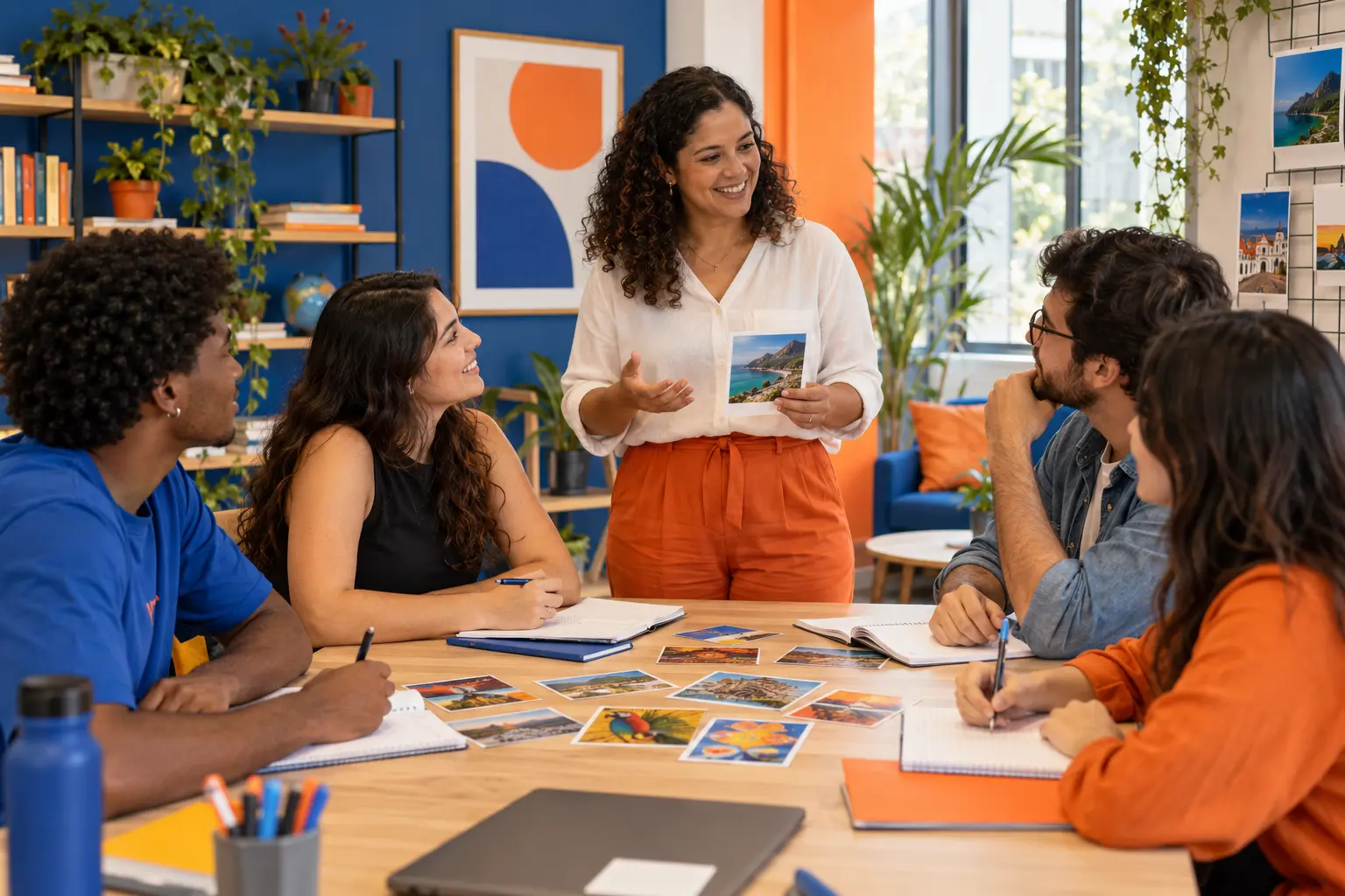 Professora conduzindo uma aula colaborativa de idiomas
