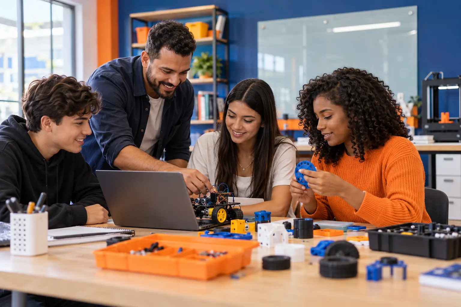 Professor e estudantes experimentando tecnologia e robótica em sala de aula