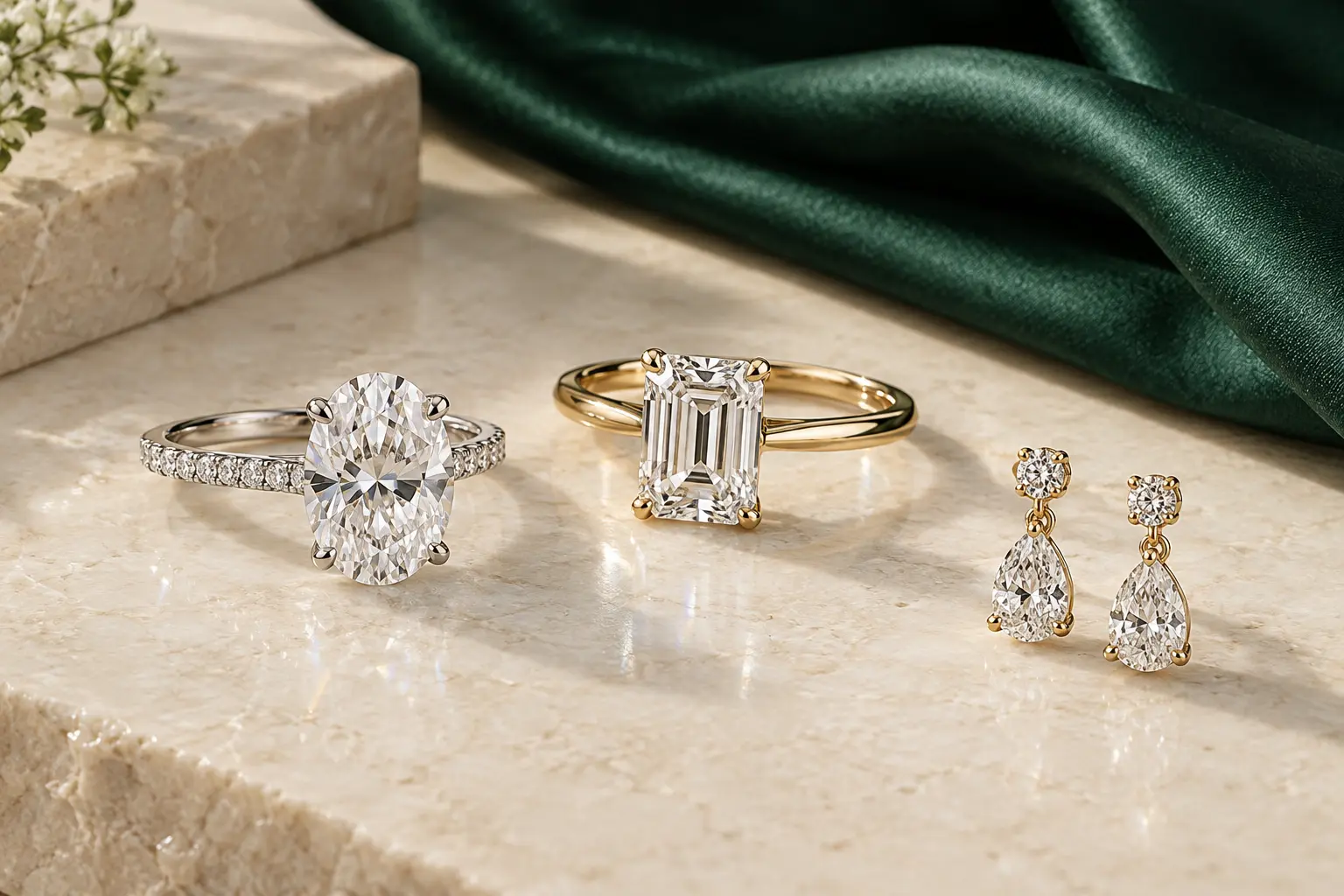 Anéis e brincos de moissanite em ouro e platina