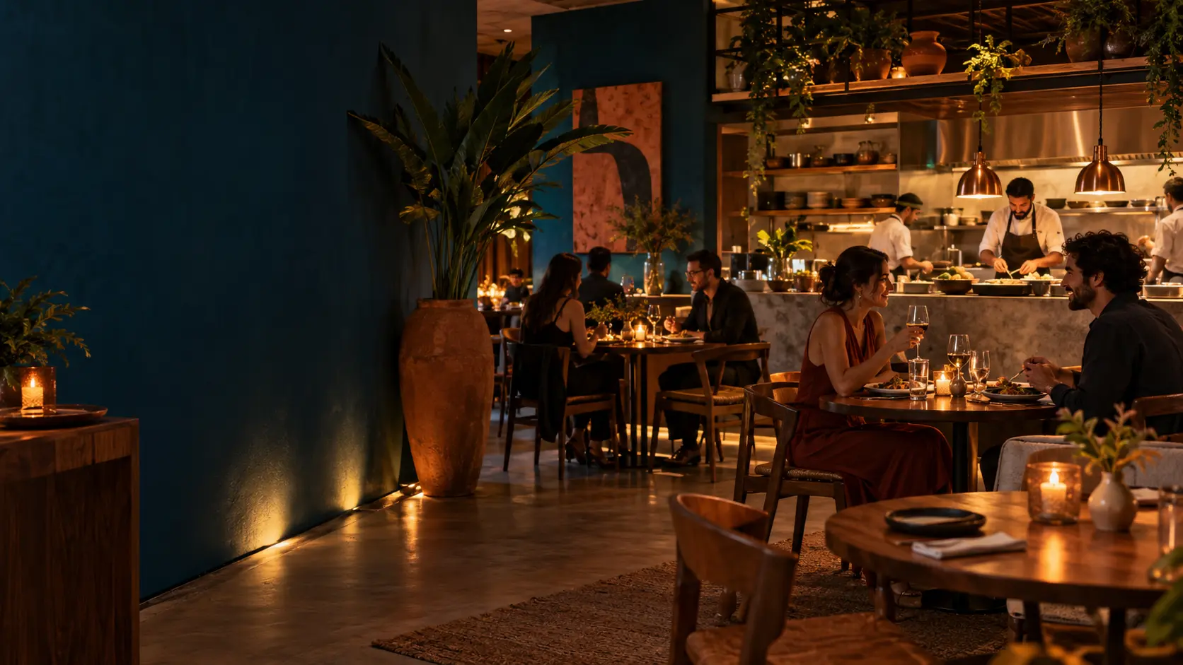 Salão acolhedor de restaurante contemporâneo com cozinha aberta