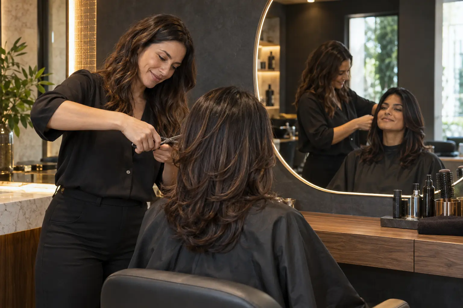 Cabeleireira finalizando um corte feminino diante do espelho